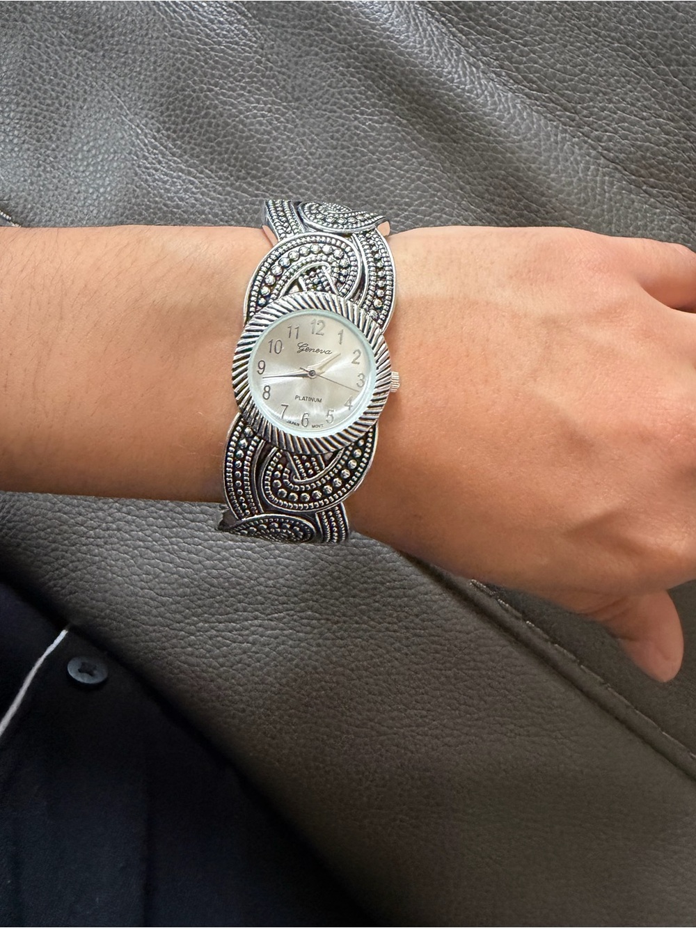 Geneva Silver Ornate Marcasite-Style Bracelet Watch